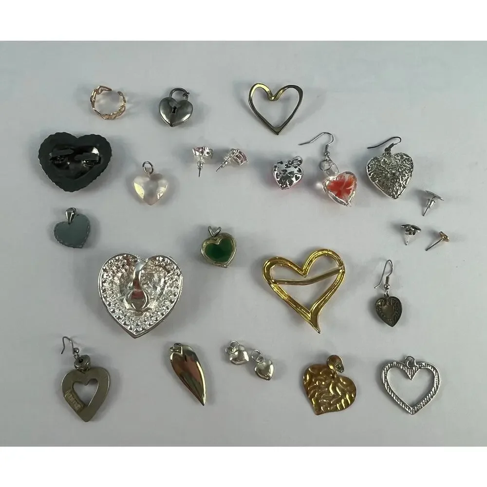 Y2K VTG and Modern Heart Jewelry Lot Rhinestone Pendants Earrings Brooches Craft